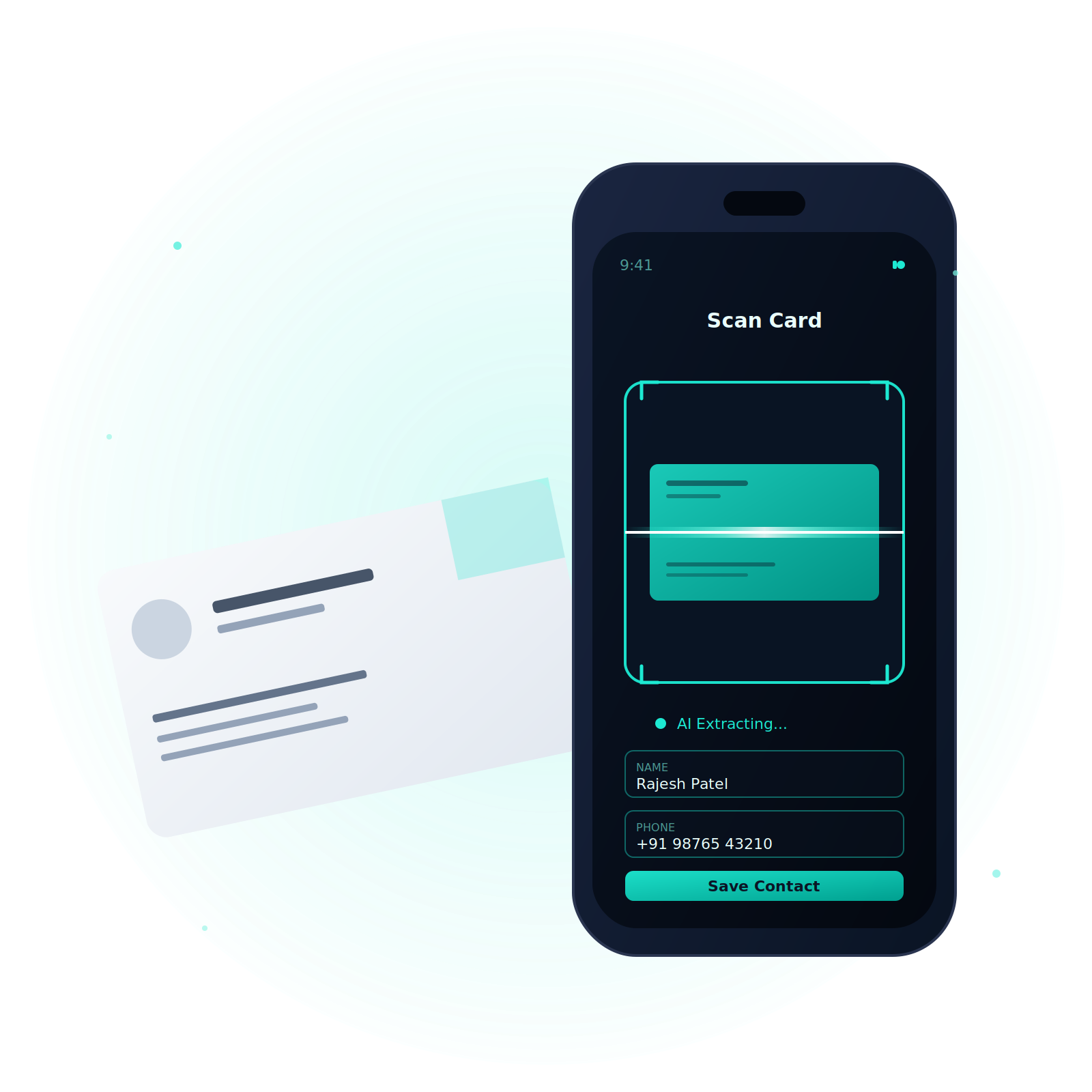 Cardenius app scanning a business card with AI extraction